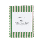Marlo Mia Pillowcase Pair in green and blush stripe packaging featuring a classic vertical striped design.