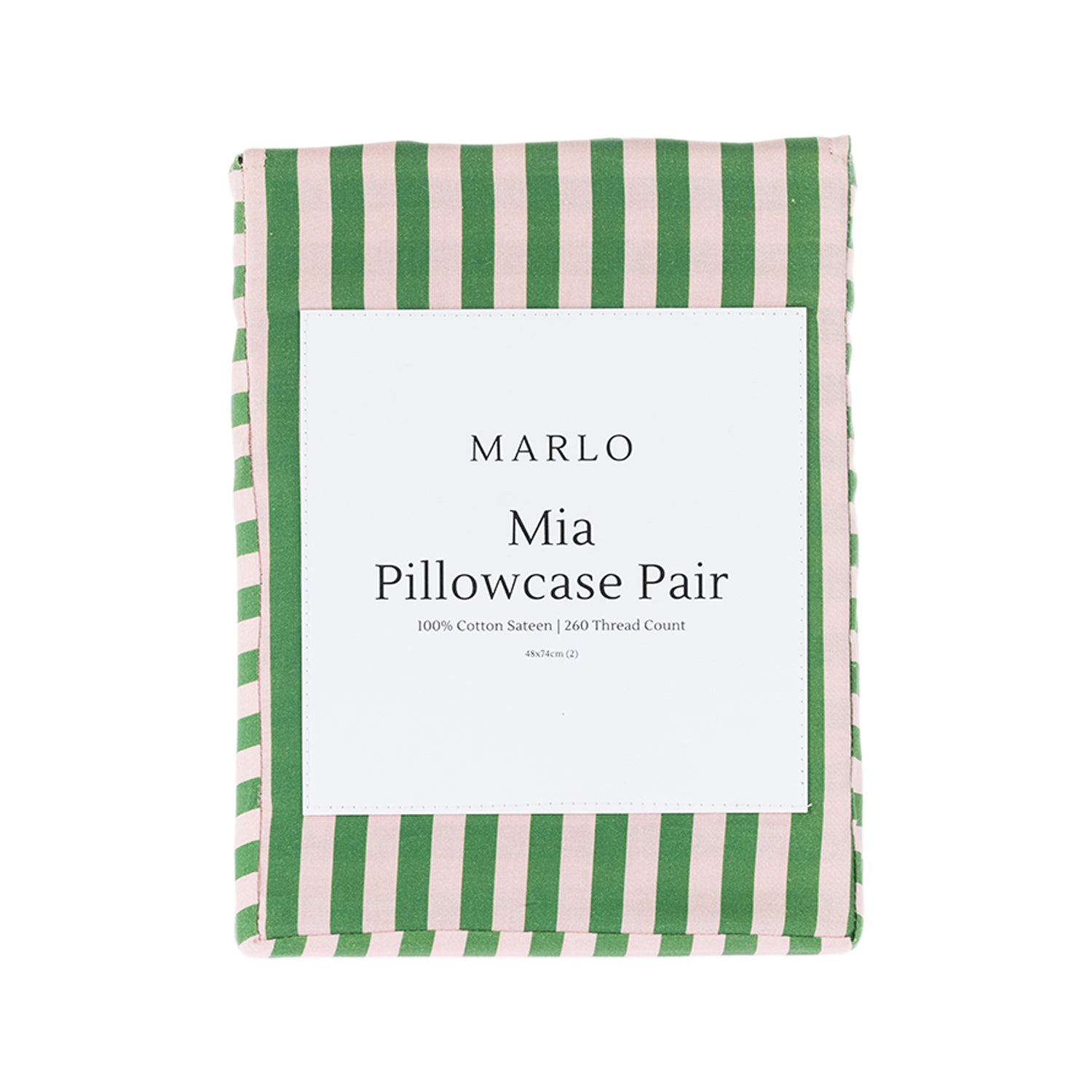 Marlo Mia Pillowcase Pair in green and blush stripe packaging featuring a classic vertical striped design.