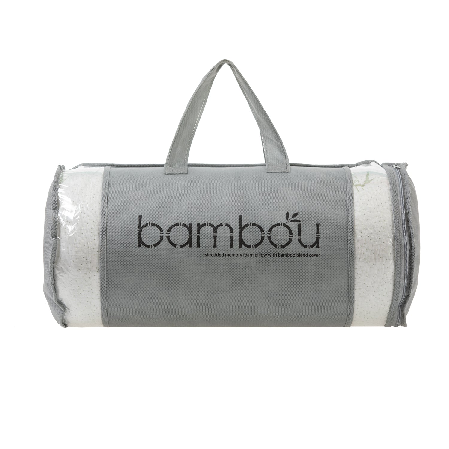 Bambou shredded memory foam pillow packaged in a grey carry bag, featuring a bamboo blend cover and breathable design for supportive, pressure-relieving comfort.
