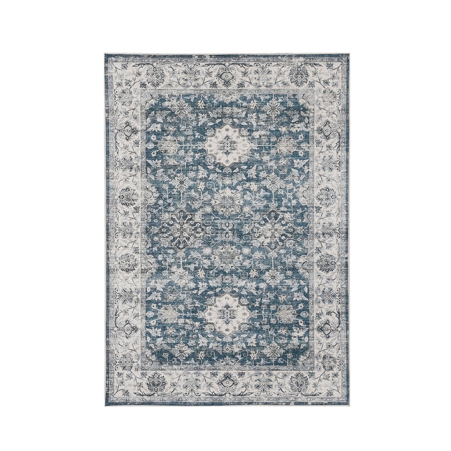 Design Republique Vali Border Chenille Rug (120 × 180cm) in Blue, featuring a distressed vintage-inspired floral medallion design in soft blue, ivory, and grey tones with an ornate decorative border.