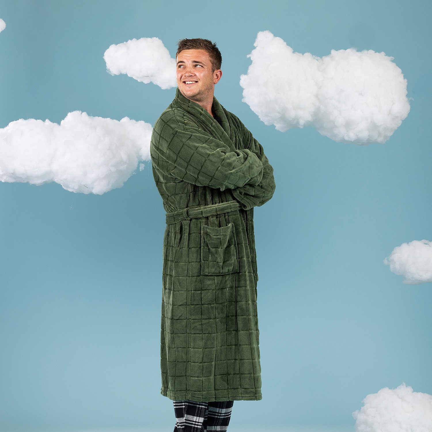 Bath Robes - Bambury Mens Block Check Khaki Bathrobe