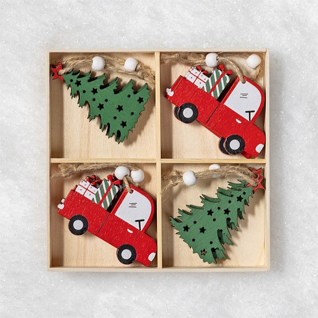 Christmas Wishes Wooden Car Tree Hanging Decoration Set Of 8