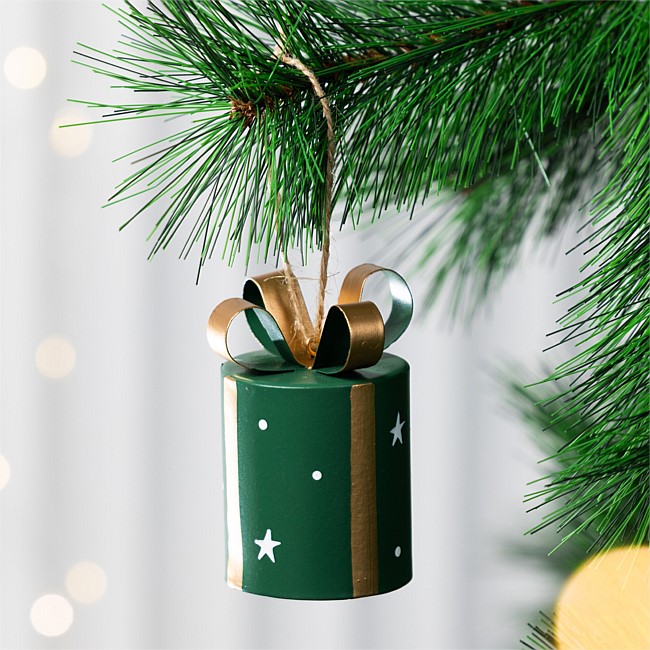 Christmas Wishes Green Metal Gift Box Hanging Tree Decoration