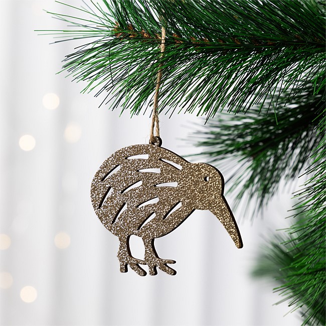 Christmas Wishes Gold Wooden Kiwi Hanging Decoration