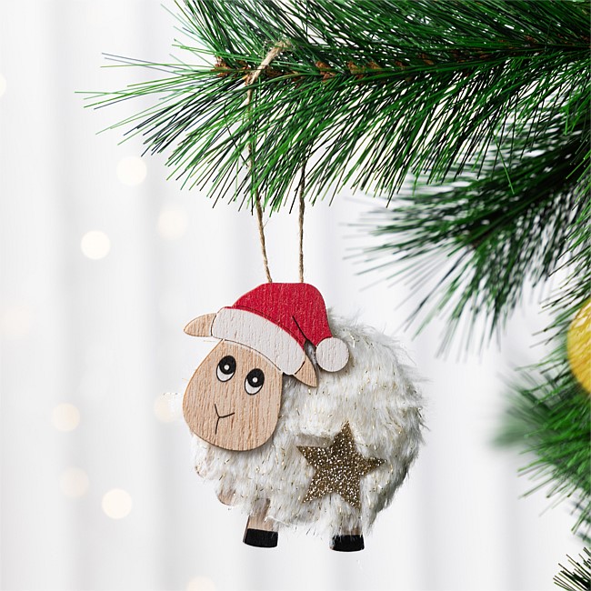 Christmas Wishes Wooden Sheep Hanging Tree Decoration