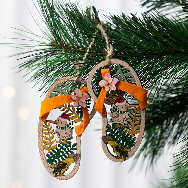 Christmas Wishes Wooden Kiwi Jandals Hanging Tree Decoration