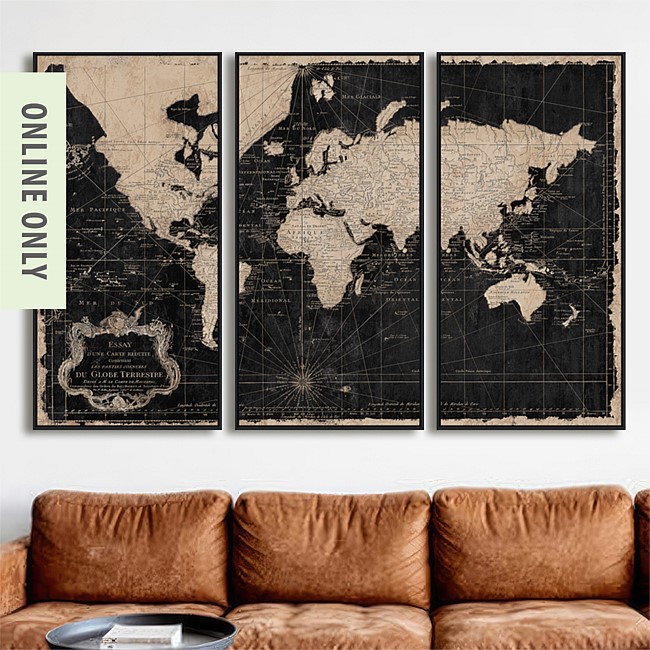 Design Republique World Map Black 3 Piece Framed Canvas