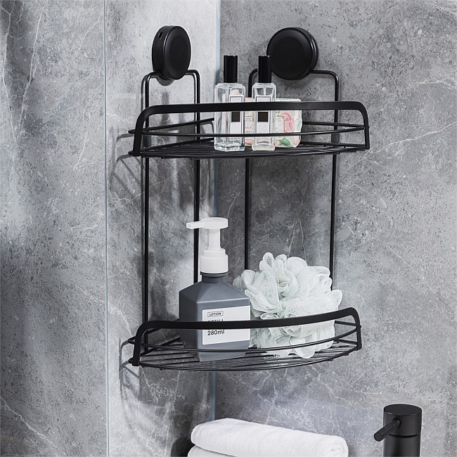 New & Improved Home Essentials Twist & Lock Double Shelf Corner Shower Caddy