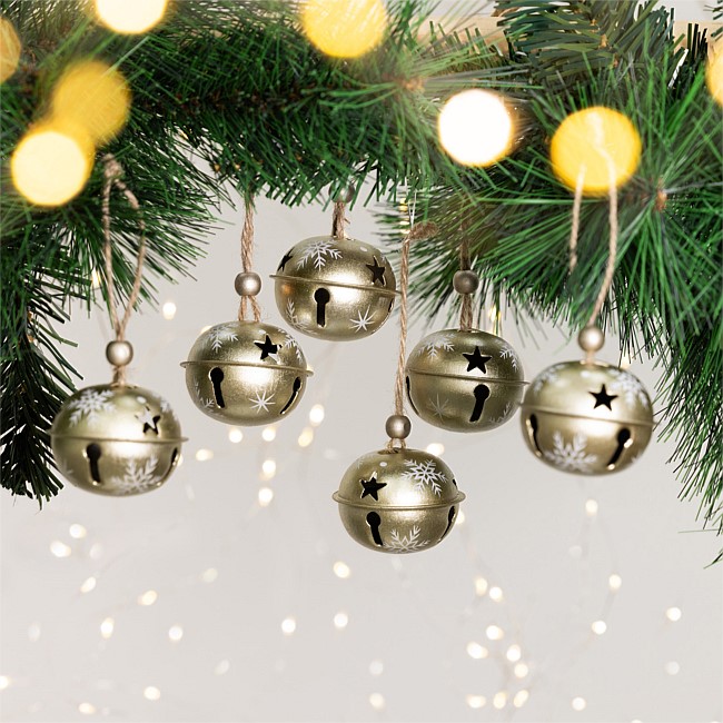 Christmas Wishes Large Gold Metal Xmas Bells Hanging Tree Decoration Set of 6