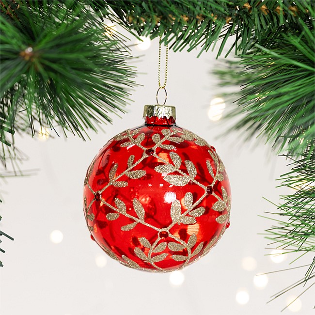 Christmas Wishes Red & Gold Textured Glass Bauble