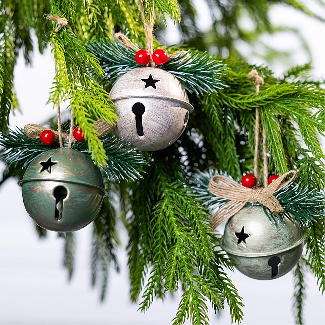 Christmas Wishes Metal Set of 3 Bell Ball Hanging Christmas Tree Decorations