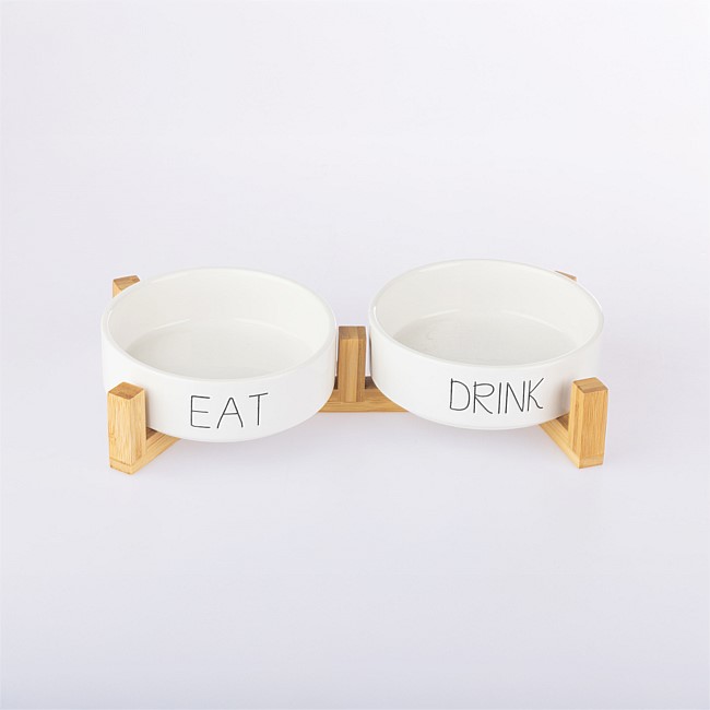 bb&b Pets Set Of 2 Bowls With Bamboo Holder