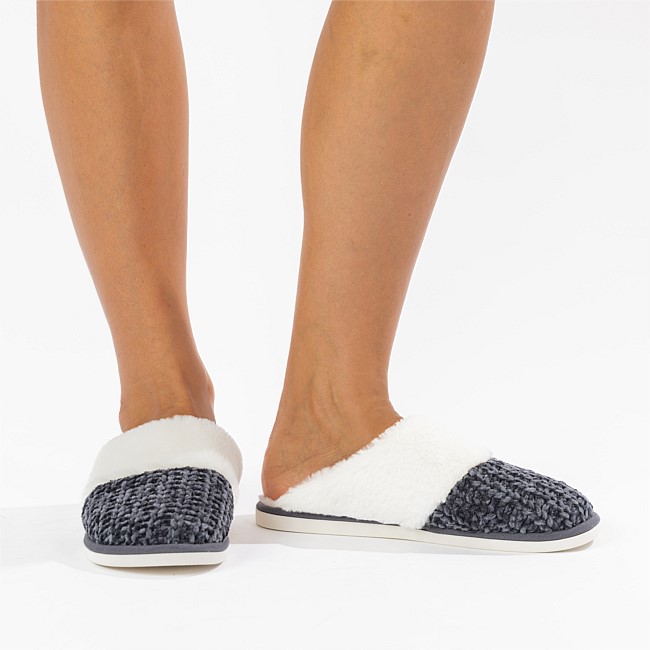 Solace Chenille Faux Fur Trim Slippers Solace Chenille Faux Fur Trim Slippers