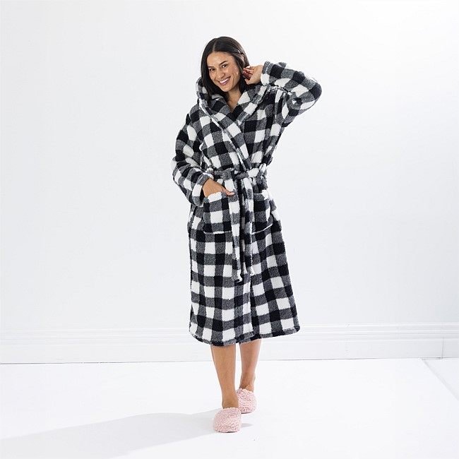 Solace Check Hooded 3/4 Length Plush Bathrobe Black/White
