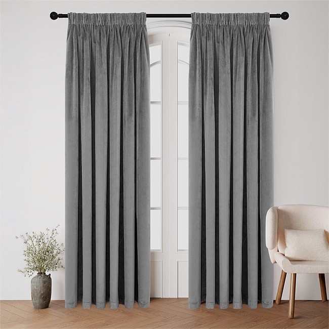 Style Co. Beau Velvet Block Out Pencil Pleat Curtain Pair Grey 