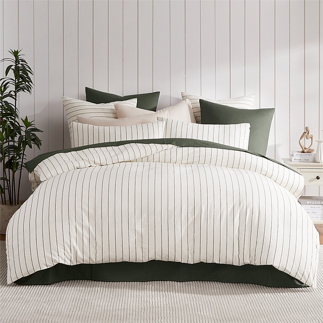 Fieldcrest Stonewashed 100% Cotton Green Stripe Duvet Cover