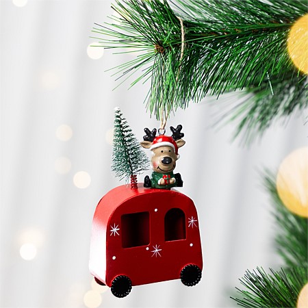 Christmas Wishes Red Metal Reindeer Camper Hanging Tree Decoration