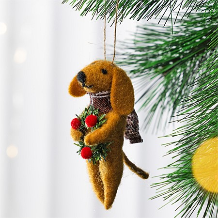 Christmas Wishes Dog With Wreath Hanging Decoration