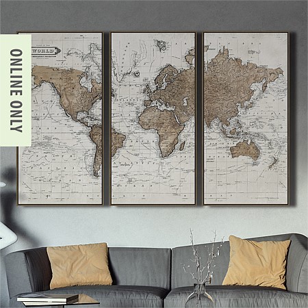 Design Republique World Map Natural 3 Piece Framed Canvas