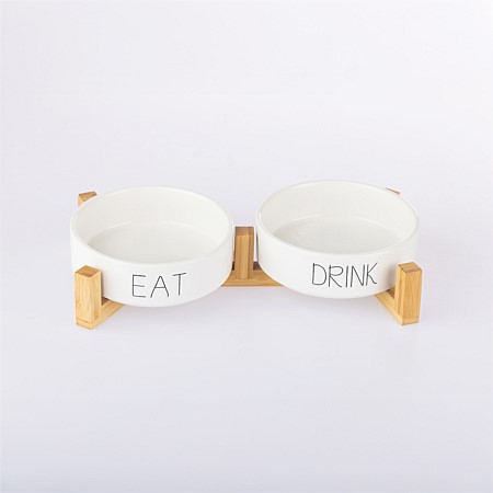 bb&b Pets Set Of 2 Bowls With Bamboo Holder