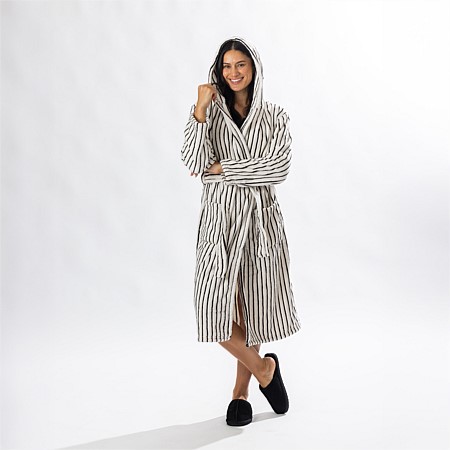 Solace Contrast Stripe 3/4 Hooded Bathrobe Ivory