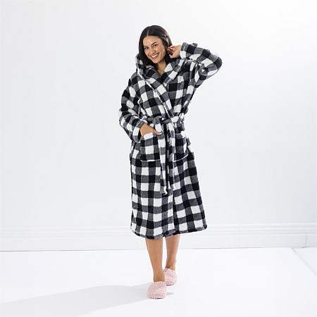 Solace Check Hooded 3/4 Length Plush Bathrobe Black/White